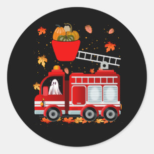Pegatina Redonda Funny Calabaza Ghost Drive Fire Truck Halloween F