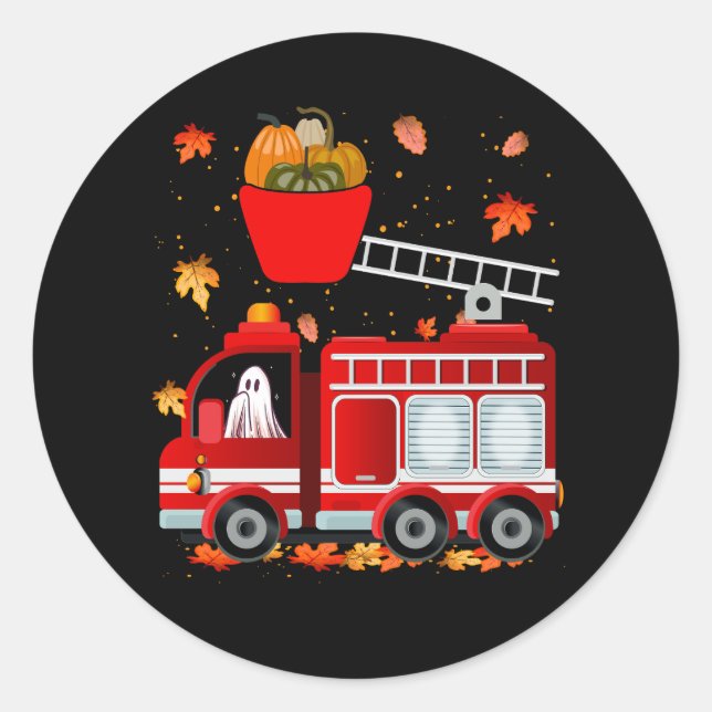 Pegatina Redonda Funny Calabaza Ghost Drive Fire Truck Halloween F (Anverso)