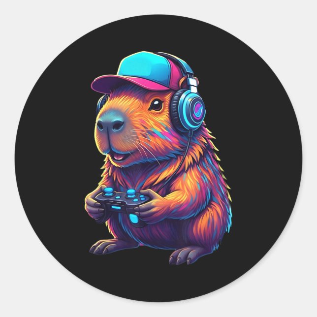 Pegatina Redonda Funny Capybara Gamer Gaming Video Games Capybara  (Anverso)