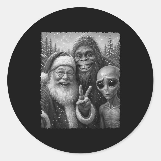 Pegatina Redonda Funny Cat Christmas Bigfoot Alien Santa Snow Selfi (Anverso)