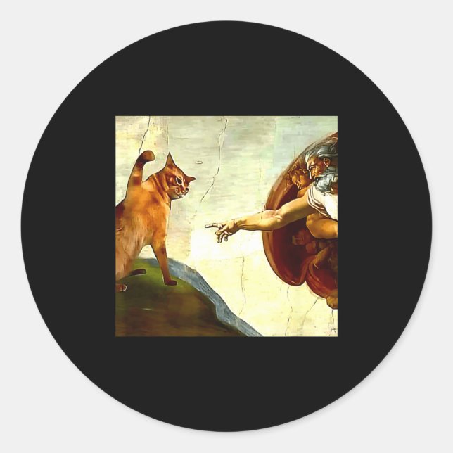 Pegatina Redonda Funny Cat God Creation Of Adam Meme Jesus Christia (Anverso)