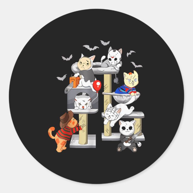 Pegatina Redonda Funny Cat Horror Movies Cute Halloween Cat Lovers  (Anverso)