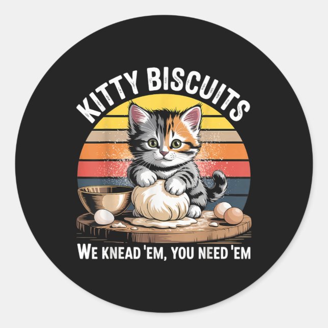 Pegatina Redonda Funny Cat Kneading Dough Retro Kitty Biscuits Desi (Anverso)