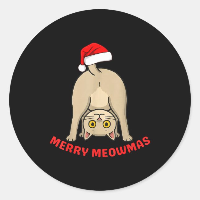 Pegatina Redonda Funny Cat Merry Meowmas Xmas Lover Men Women Kids  (Anverso)