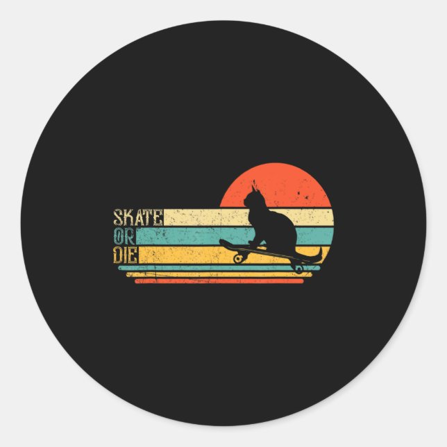 Pegatina Redonda Funny Cat On Skateboard Retro Skateboarder  (Anverso)