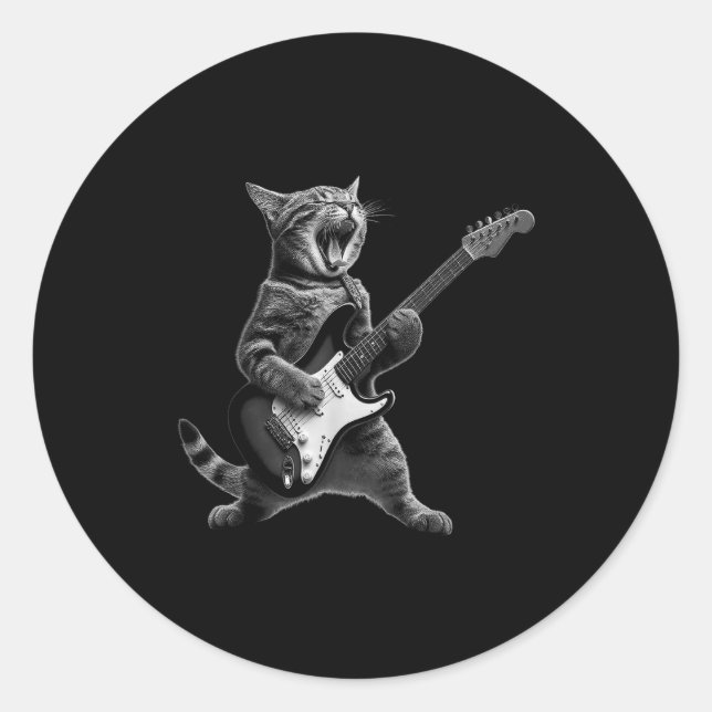 Pegatina Redonda Funny Cat Playing Guitar Rock And Roll Men Women K (Anverso)