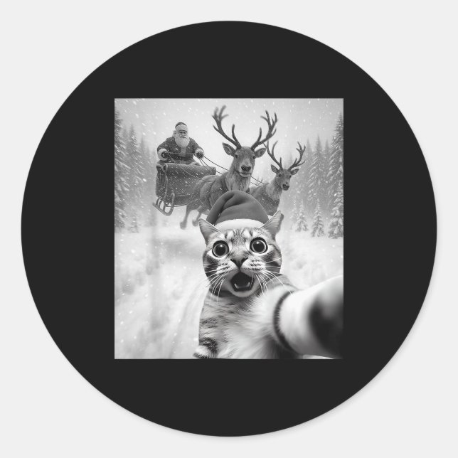 Pegatina Redonda Funny Cat Selfie Santa Merry Christmas Xmas Pajama (Anverso)