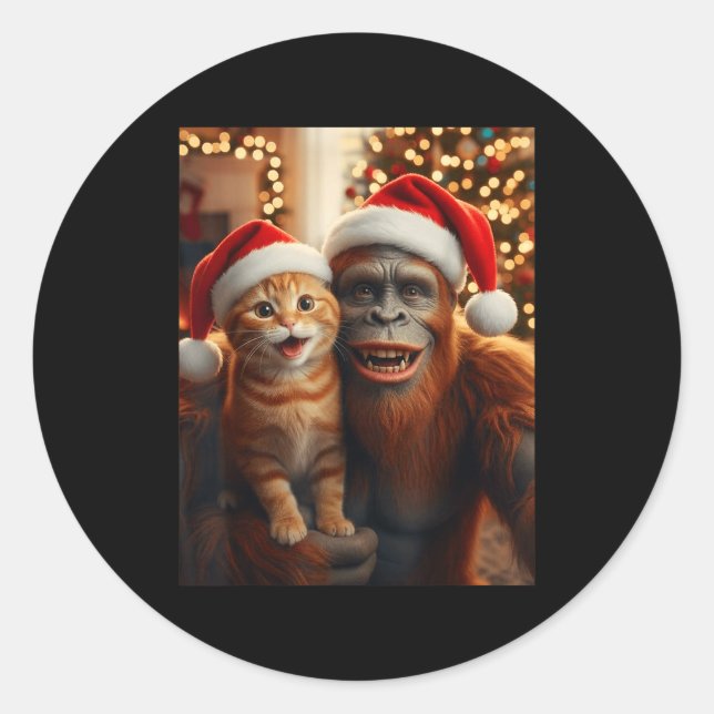 Pegatina Redonda Funny Cat Selfie With Bigfoot Christmas Sasquatch  (Anverso)