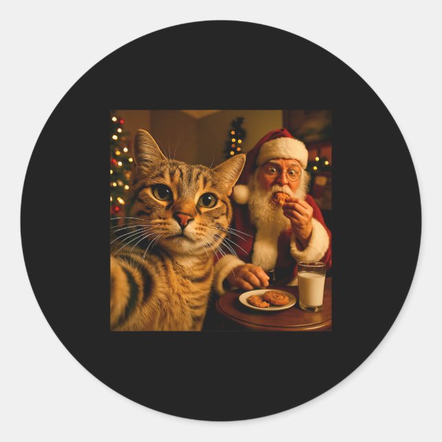 Pegatina Redonda Funny Cat Selfie With Santa Claus Christmas Meme  (Anverso)