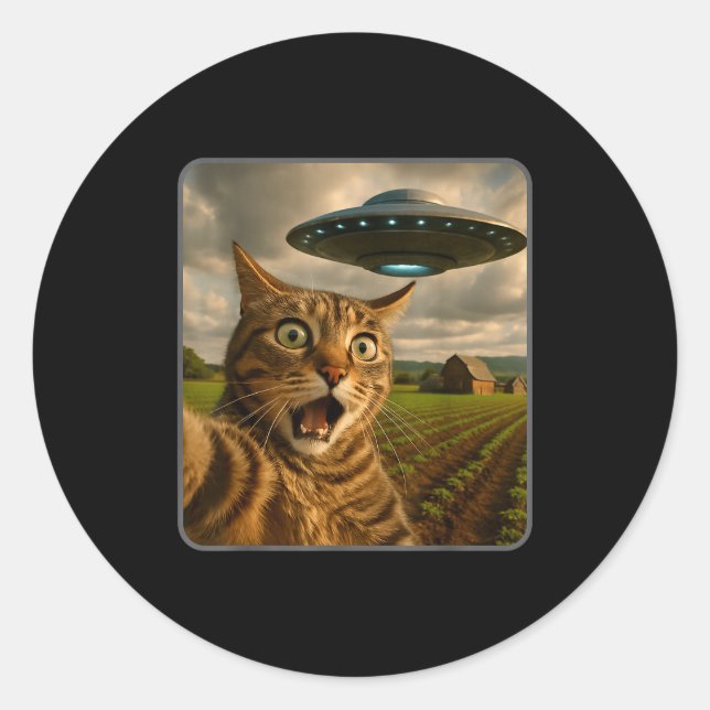 Pegatina Redonda Funny Cat Selfie With Ufo Alien Meme  (Anverso)
