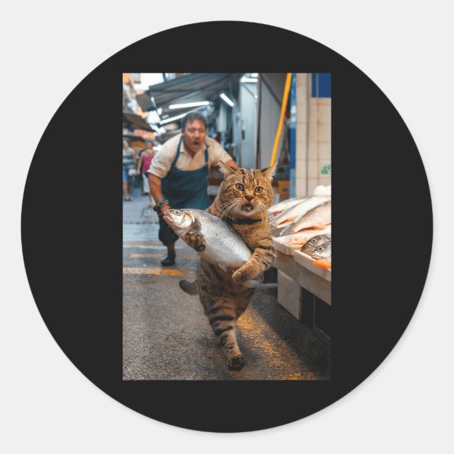 Pegatina Redonda Funny Cat Stealing Fi-shirt  (Anverso)