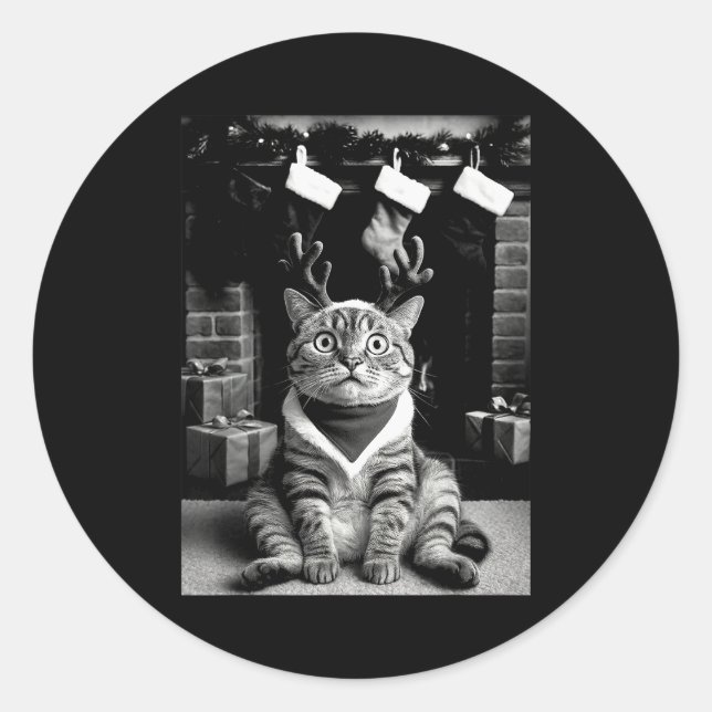 Pegatina Redonda Funny Cat Taking A Selfie Christmas Xmas Pajamas H (Anverso)