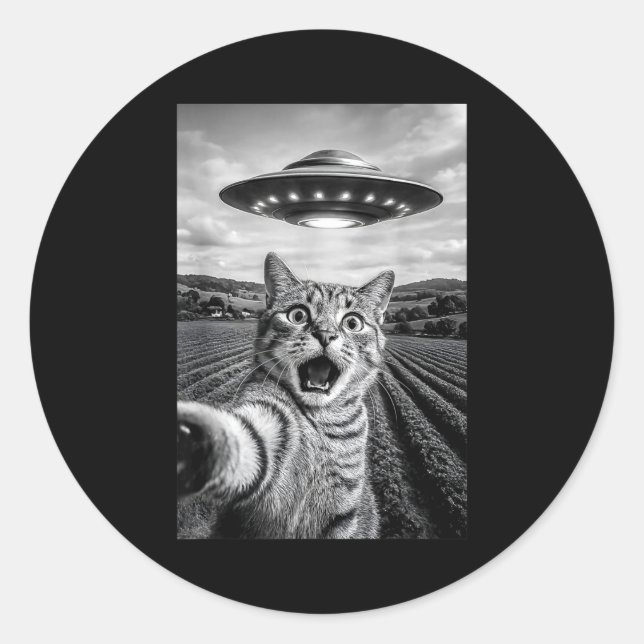 Pegatina Redonda Funny Cat Ufo Alien Bengal Cat Selfie Gift Men Wom (Anverso)