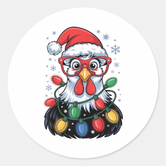 Pegatina Redonda Funny Chicken Christmas Tree Lights Santa Hat Xmas (Anverso)
