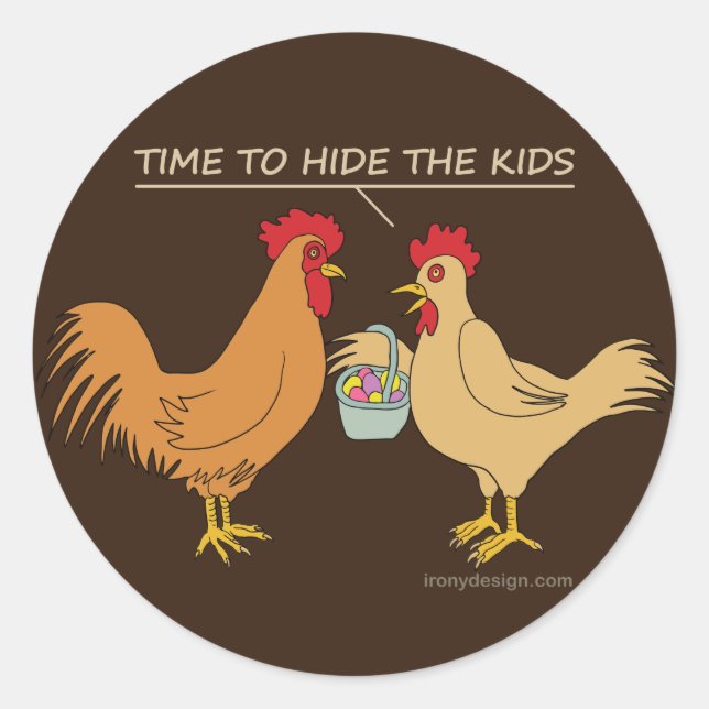 Pegatina Redonda Funny Chicken Easter Egg Hunt Personalizado Brown (Anverso)