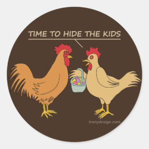 Pegatina Redonda Funny Chicken Easter Egg Hunt Personalizado Brown