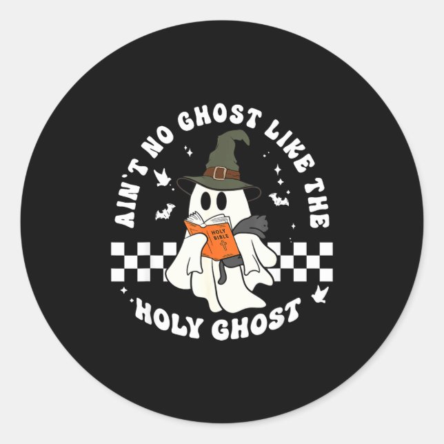 Pegatina Redonda Funny Christian Ghost With Bible Retro Catholic Cu (Anverso)