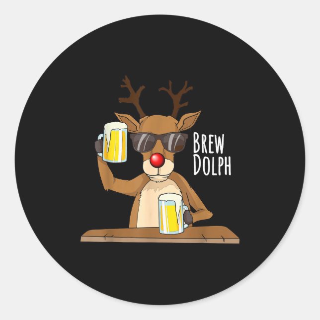 Pegatina Redonda Funny Christmas Alcohol Shirt. Brew Dolph Beer Dri (Anverso)