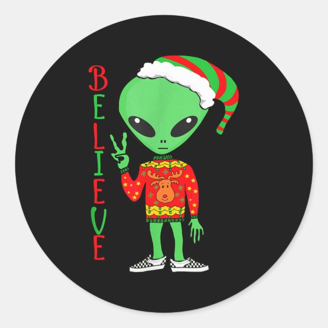 Pegatina Redonda Funny Christmas Alien Ugly Sweater I Believe Santa (Anverso)