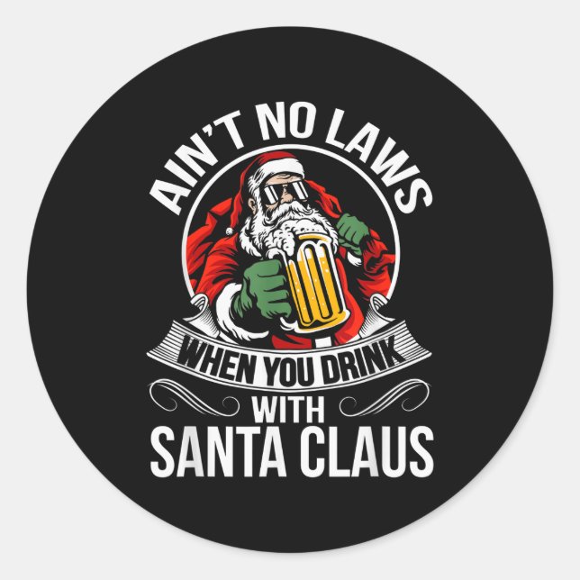 Pegatina Redonda Funny Christmas Beer Drinking With Santa Clause  (Anverso)