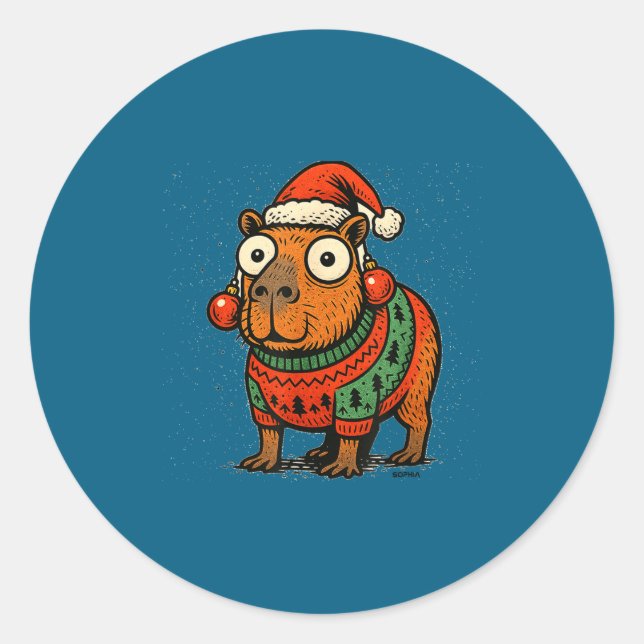 Pegatina Redonda Funny Christmas Capybara With Santa Hat &amp; Swea (Anverso)