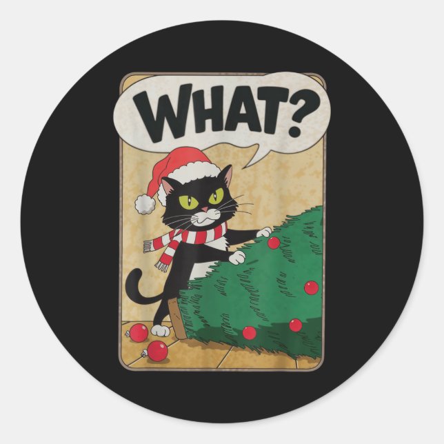 Pegatina Redonda Funny Christmas Cat Christmas Tree Meowy Christmas (Anverso)