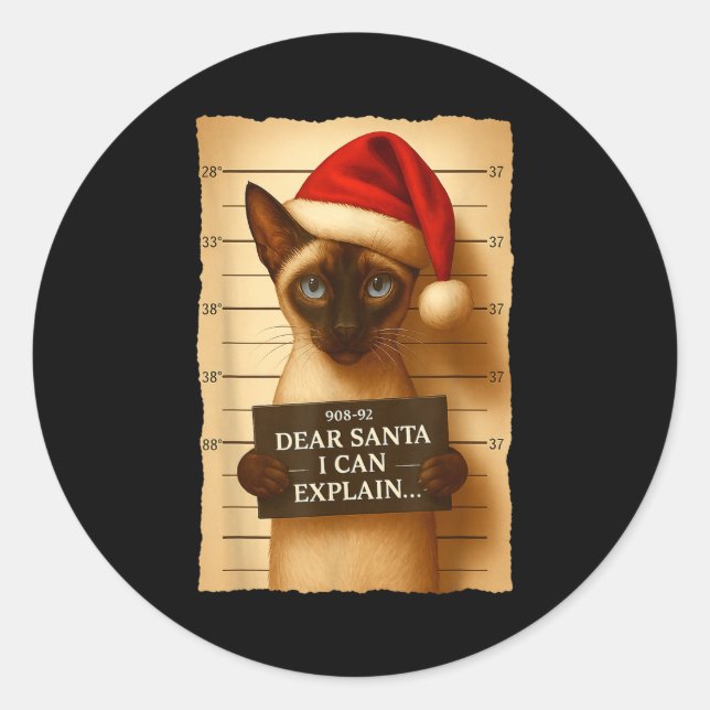 Pegatina Redonda Funny Christmas Cat- Cute Siamese Santa Hat Tee  (Anverso)