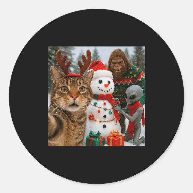 Pegatina Redonda Funny Christmas Cat Selfie With Bigfoot Alien &amp (Anverso)