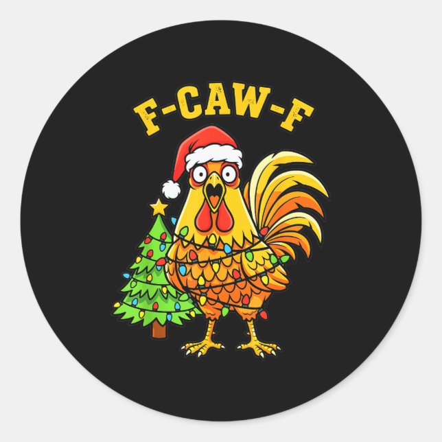Pegatina Redonda Funny Christmas Chicken Lights Santa Hat F-caw-f  (Anverso)