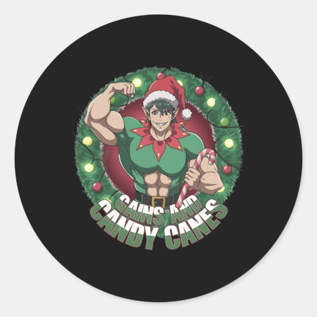 Pegatina Redonda Funny Christmas Elf Gym Workout Gains And Candy Ca (Anverso)