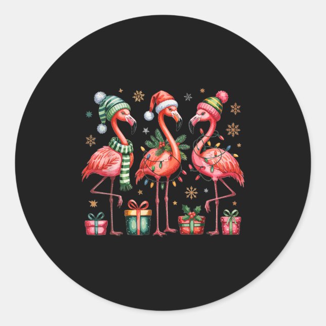 Pegatina Redonda Funny Christmas Flamingos  (Anverso)