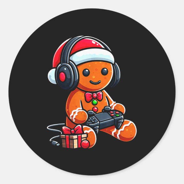 Pegatina Redonda Funny Christmas Gamer Gingerbread Xmas Gaming Men  (Anverso)