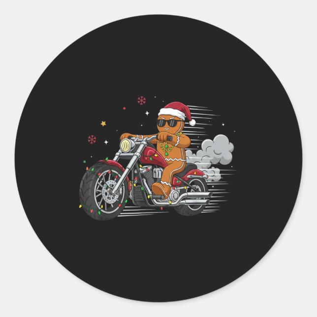 Pegatina Redonda Funny Christmas Gingerbread Man Biker Riding A Mot (Anverso)