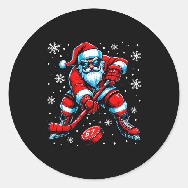 Pegatina Redonda Funny Christmas Hockey Cool Santa Claus 6 7 Meme T (Anverso)