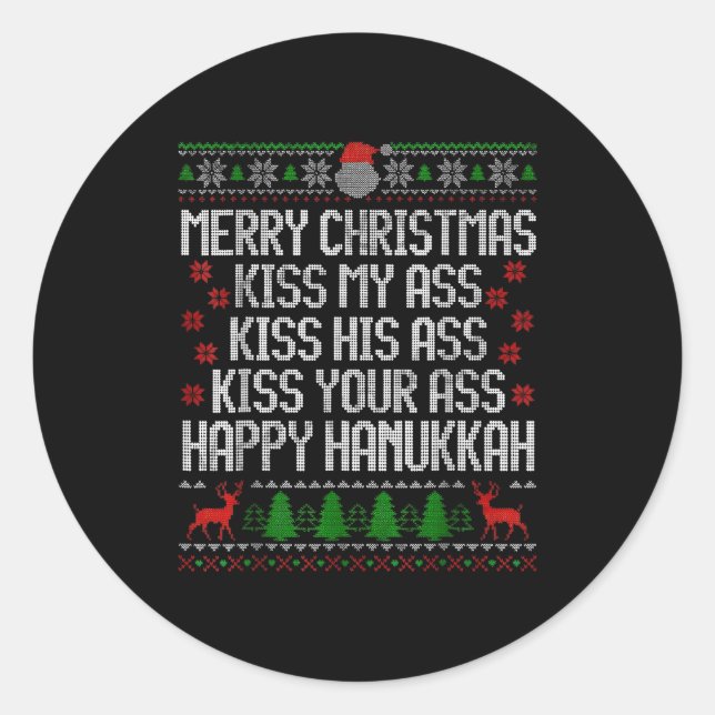 Pegatina Redonda Funny Christmas Kiss My Happy Hanukkah Humor  (Anverso)