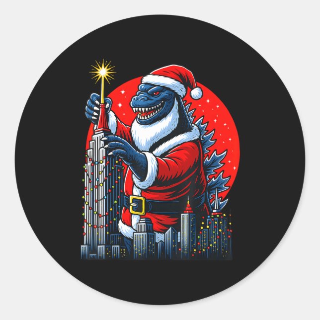 Pegatina Redonda Funny Christmas Monster Santazilla Holiday Dinosau (Anverso)