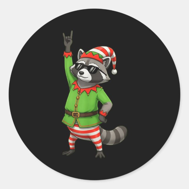 Pegatina Redonda Funny Christmas Raccoon Dressed As Elf With Sungle (Anverso)