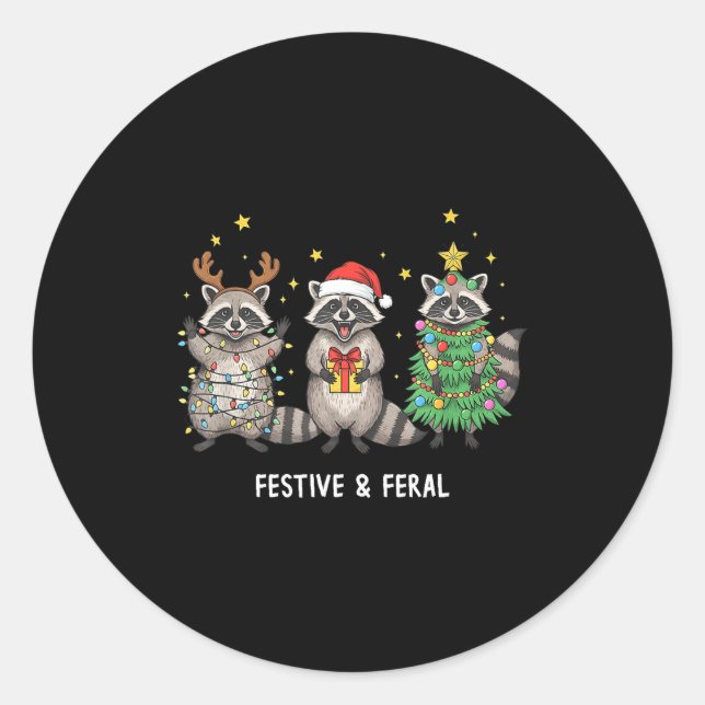 Pegatina Redonda Funny Christmas Racoon - Feral But Festive  (Anverso)