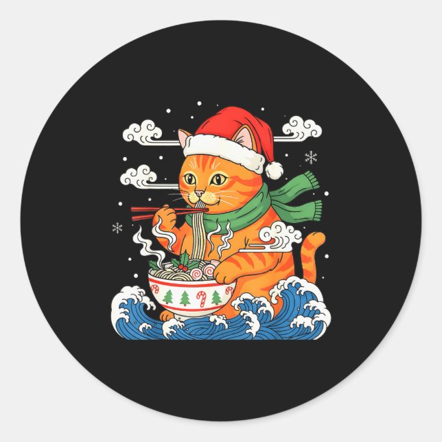 Pegatina Redonda Funny Christmas Ramen Cat Eating Noodles Japanese  (Anverso)