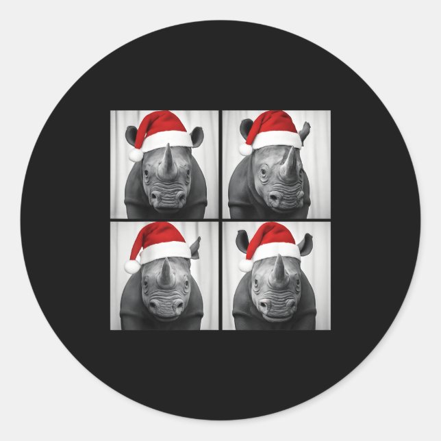 Pegatina Redonda Funny Christmas Rhinoceros Santa Photo Booth Safar (Anverso)