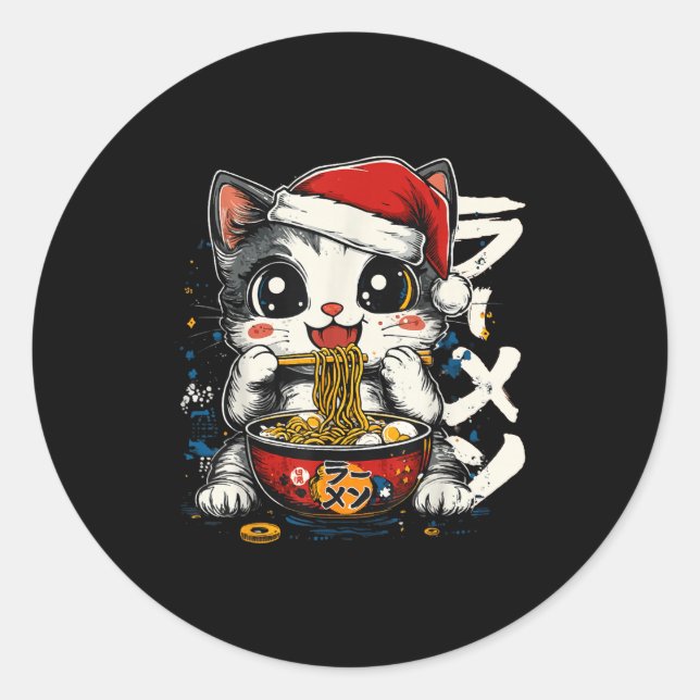 Pegatina Redonda Funny Christmas Santa Cat Ramen Japanese Kawaii An (Anverso)