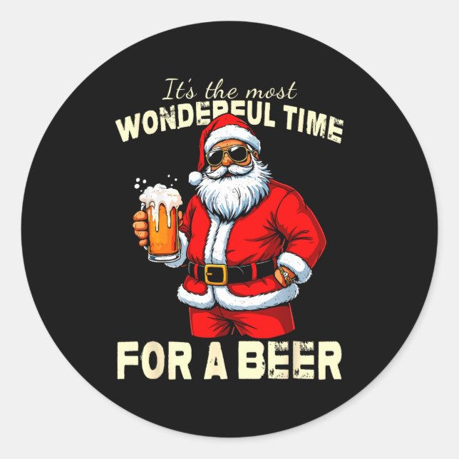 Pegatina Redonda Funny Christmas Santa Drinking Beer Wonderful Time (Anverso)