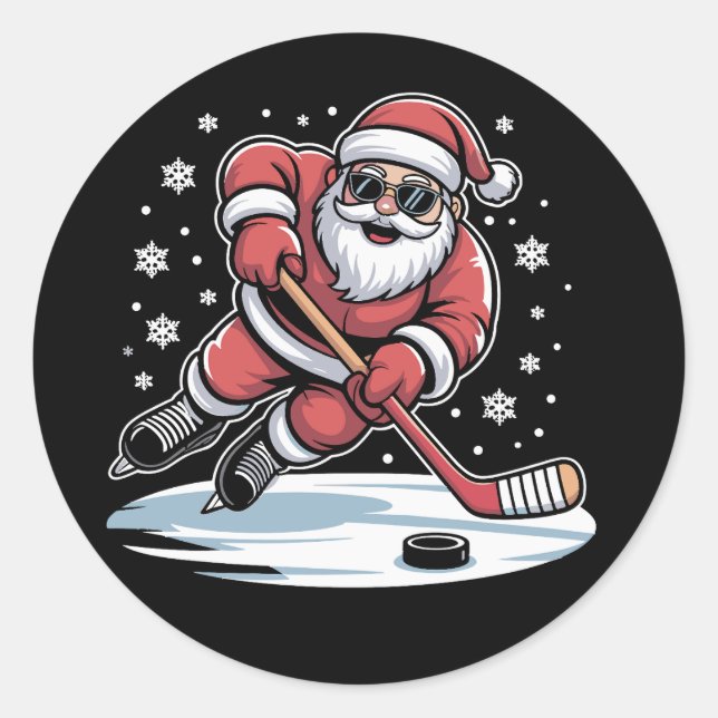 Pegatina Redonda Funny Christmas Santa Playing Ice Hockey Xmas  (Anverso)