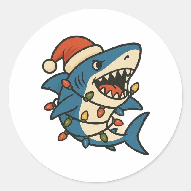 Pegatina Redonda Funny Christmas Shark Santa Hat (Anverso)