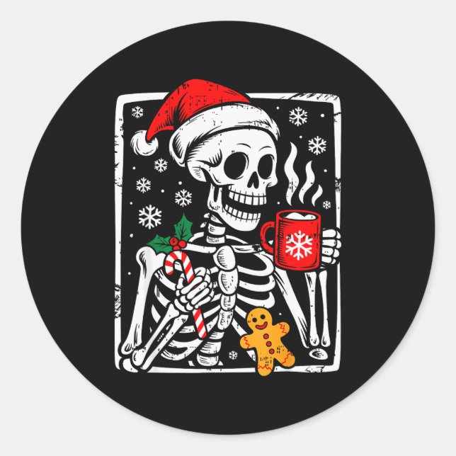 Pegatina Redonda Funny Christmas Skeleton Hot Chocolate Xmas Men Wo (Anverso)