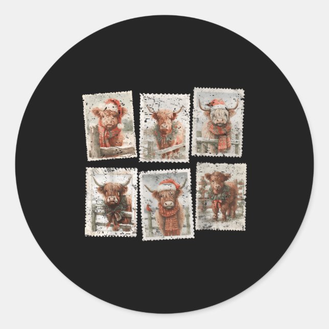 Pegatina Redonda Funny Christmas Stamp Highland Cow Lover Merry Xma (Anverso)