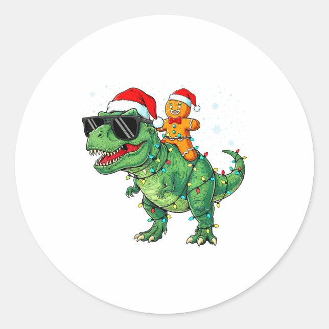 Pegatina Redonda Funny Christmas T Rex Dinosaur Gingerbread Lights  (Anverso)