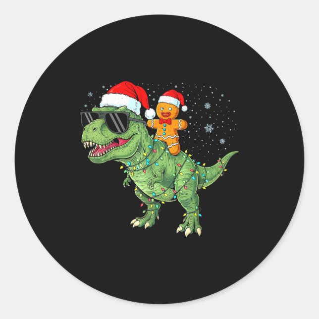 Pegatina Redonda Funny Christmas T Rex Dinosaur Gingerbread Lights  (Anverso)