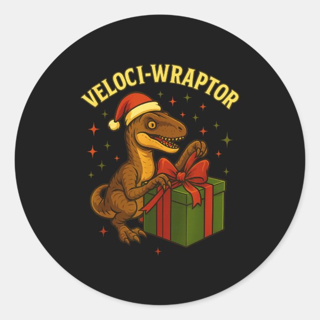 Pegatina Redonda Funny Christmas Velociraptor Pun Veloci-wraptor  (Anverso)