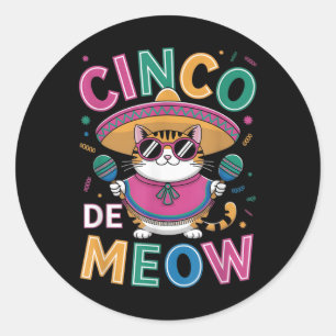 Pegatina Redonda Funny Cinco De Mayo Gato Mexicano Con Sombrero Hom
